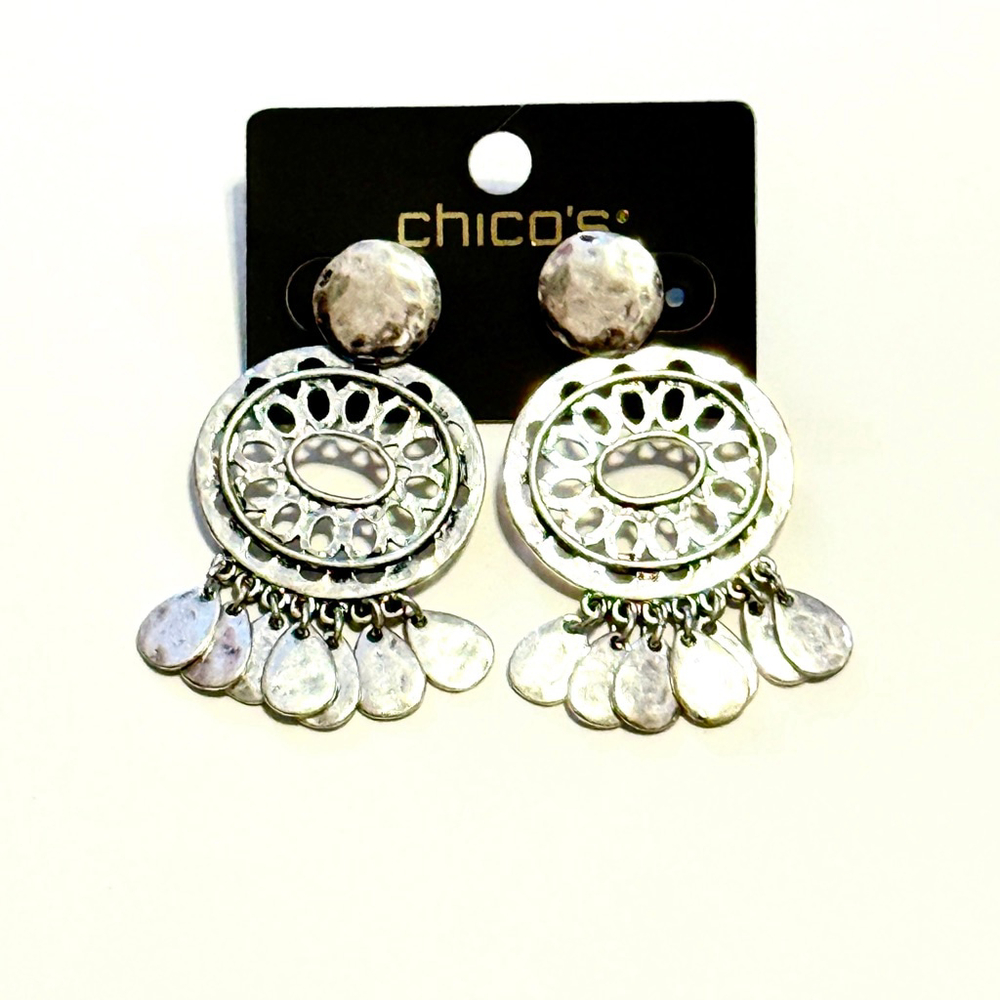 Chico's Silver Filigree Fringe Statement Earrings NWT - Picture 7 of 8